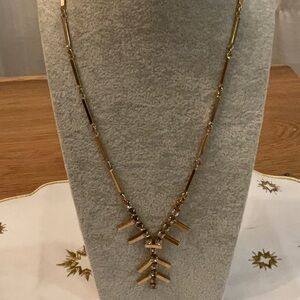 Sarah Coventry Modern Deco Crystal and Gold Tone Bar Chain Dangle Necklace